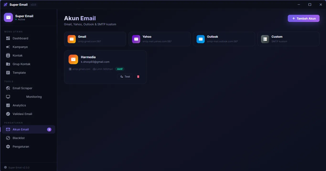 Daftar Akun SMTP Terhubung